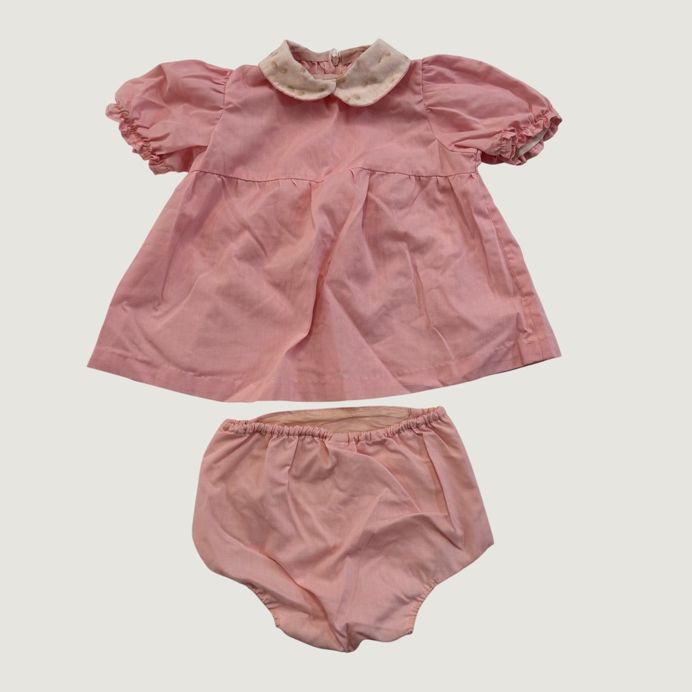 Vintage 1970s Baby Girl Pink 2 Piece Outfit Approx 6-12M Dress Bloomers Set